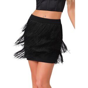 Women Black Fringe Trim Skirt for Women's High Waist Belted Pencil Mini Skirts